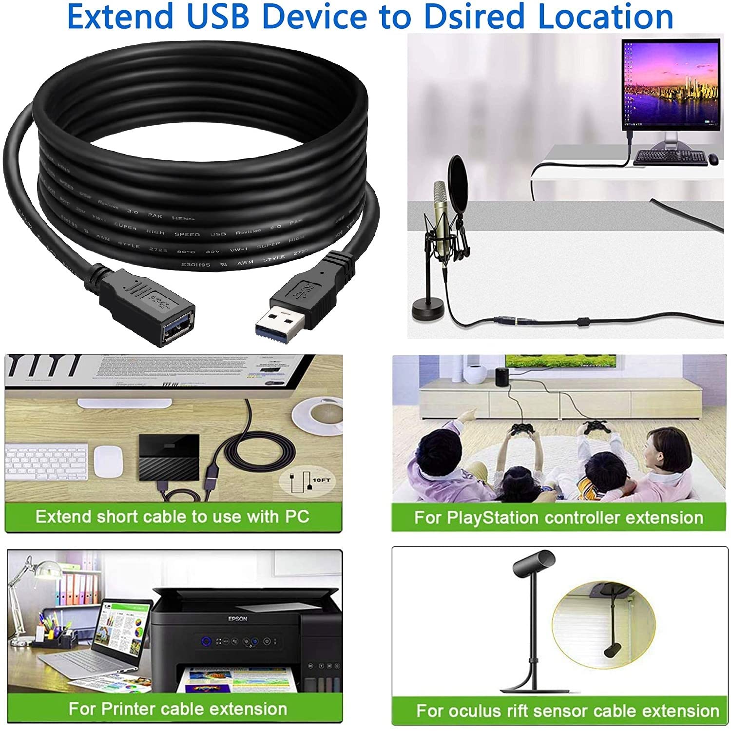 USB 2.0 Type A male to female extension cable of 5 meters, perfect for data transfer at 480 Mbps amongst compatible USB devices