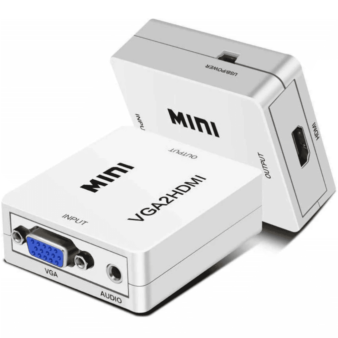 Compact Mini VGA to HDMI converter with VGA, HDMI, and Micro-USB connectors for PC, Laptop, HDTV compatibility