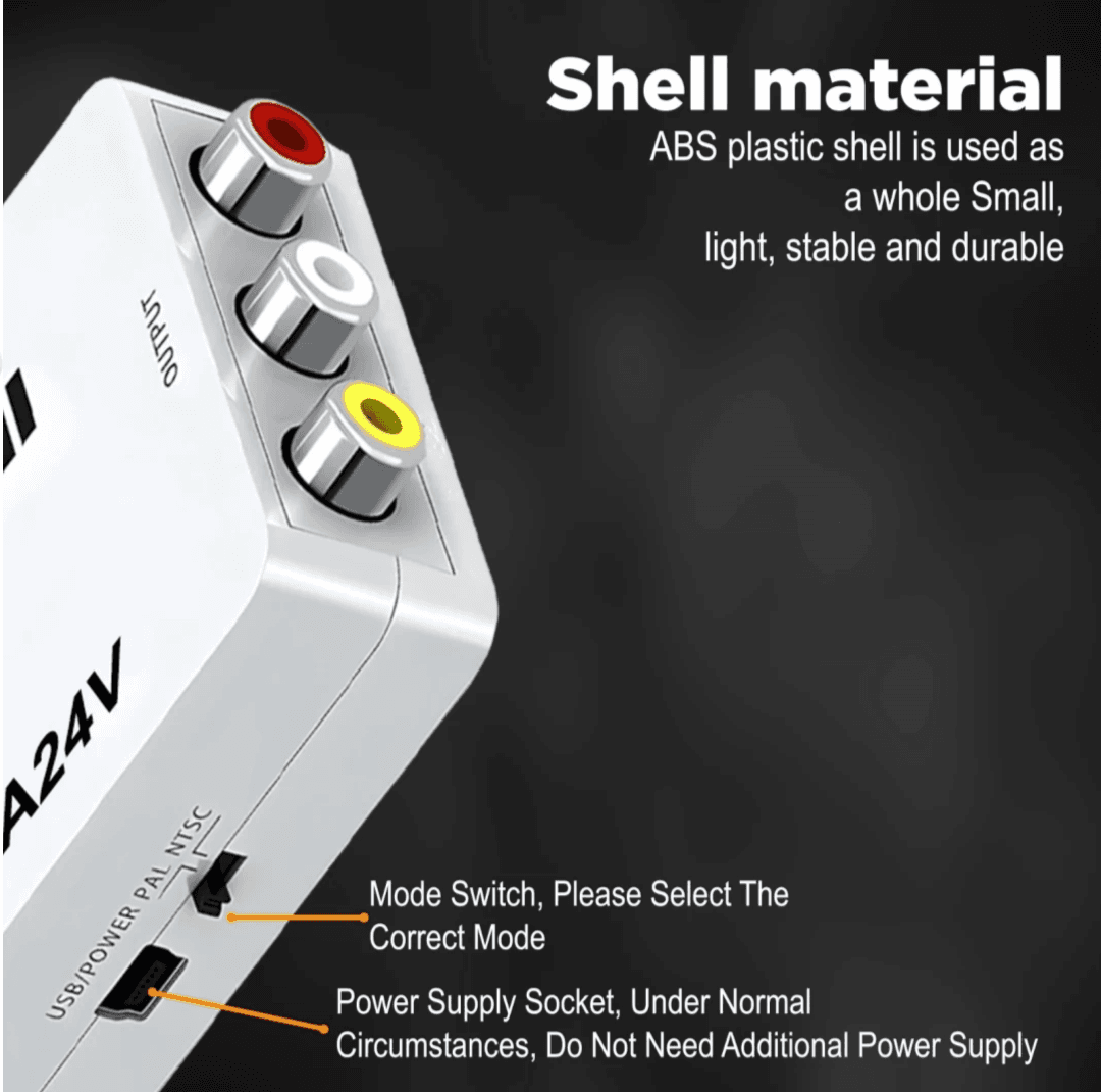 Durable 1080P VGA to AV converter with audio - ideal for PCs, laptops, and AV devices with a blend of ABS plastic, metal, and PVC