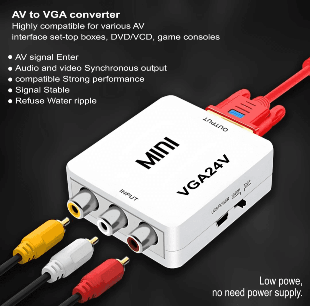 Durable 1080P VGA to AV converter with audio - ideal for PCs, laptops, and AV devices with a blend of ABS plastic, metal, and PVC