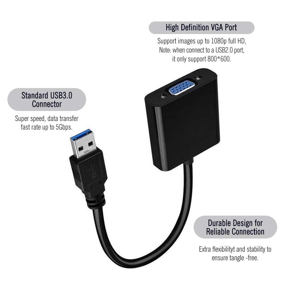 USB 3.0 to VGA converter, a plastic USB dongle with VGA adapter compatible for PC and Laptop, supports 1080p resolution on Windows