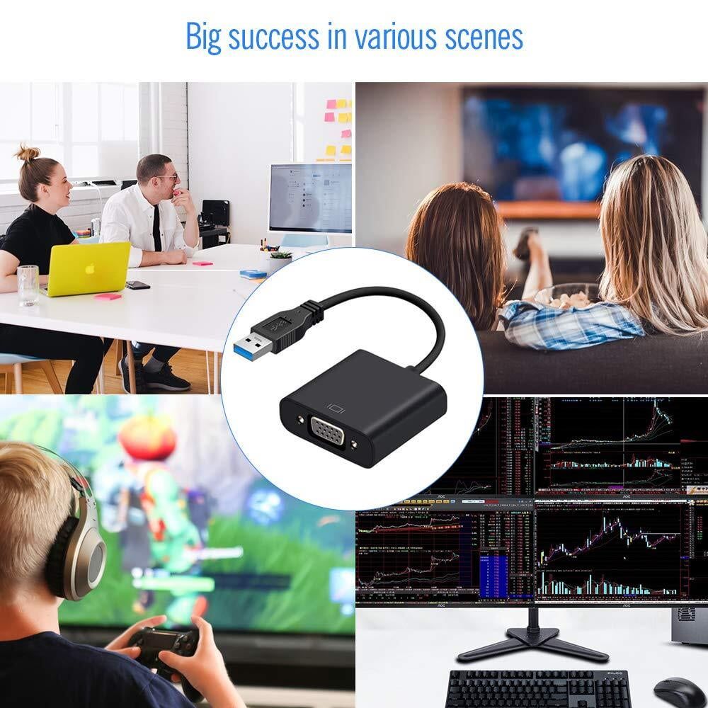 USB 3.0 to VGA converter, a plastic USB dongle with VGA adapter compatible for PC and Laptop, supports 1080p resolution on Windows