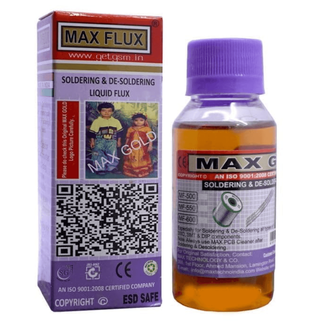 Two Max Flux soldering and de-soldering liquids, made in India, for PCB repairs and electronics maintenance with ESD safety