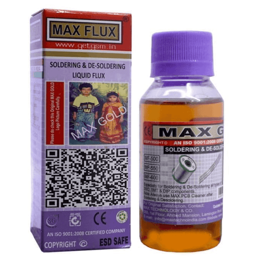 Two Max Flux soldering and de-soldering liquids, made in India, for PCB repairs and electronics maintenance with ESD safety