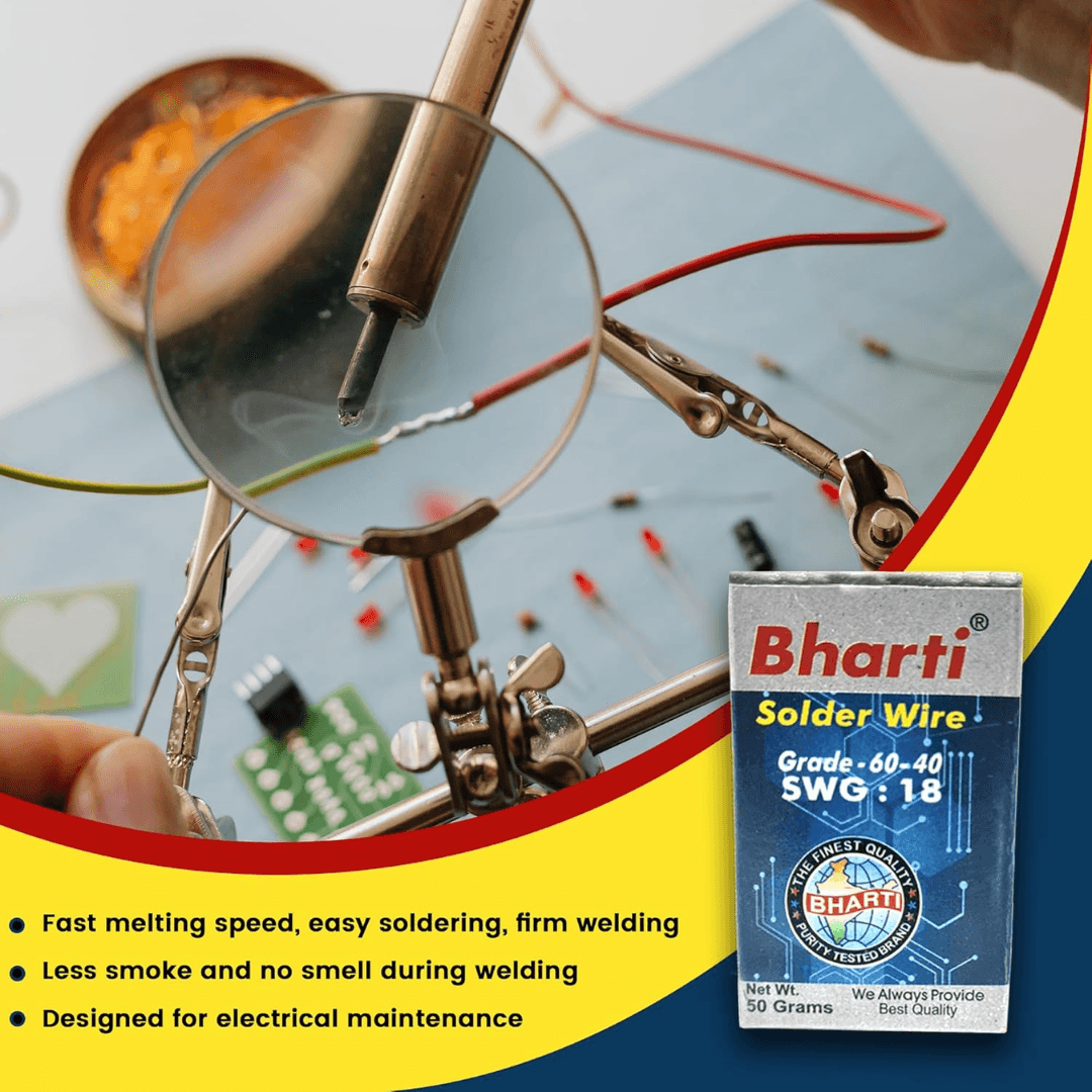 Bharti solder wire of 60-40 grade and SWG 18 specification, ideal for precise soldering, part of repairing tools collection