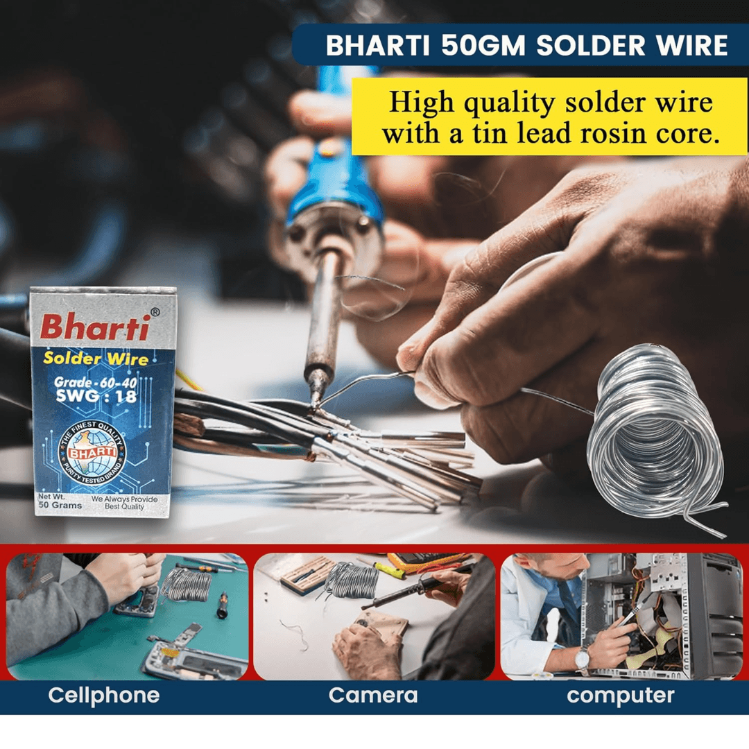 Bharti solder wire of 60-40 grade and SWG 18 specification, ideal for precise soldering, part of repairing tools collection