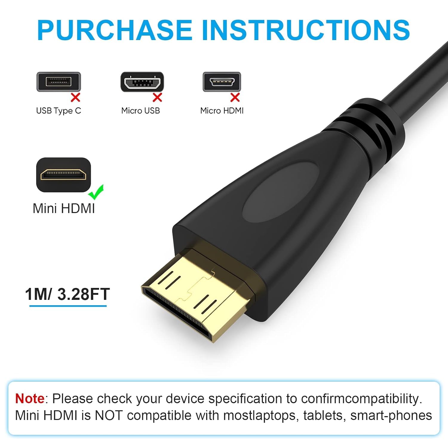 Black PVC HDMI to mini HDMI cable compatible with monitor, tablet, laptop, television, and projector on sale