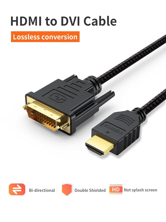 Black PVC HDMI to DVI Bi-directional cable, DVI 24+1 male adapter compatible with monitors, TVs, projectors, laptops