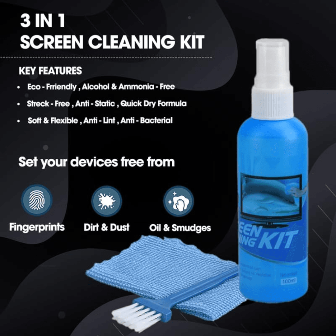 3 in 1 screen cleaning kit with metal tools including screen cleaner spray, microfiber cloth and brush for PC laptop, LCD and LED screens