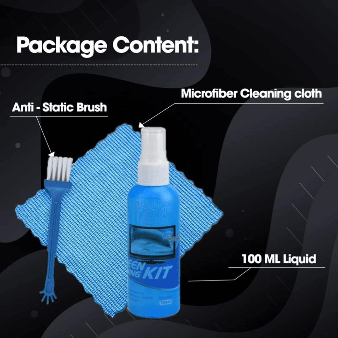 3 in 1 screen cleaning kit with metal tools including screen cleaner spray, microfiber cloth and brush for PC laptop, LCD and LED screens