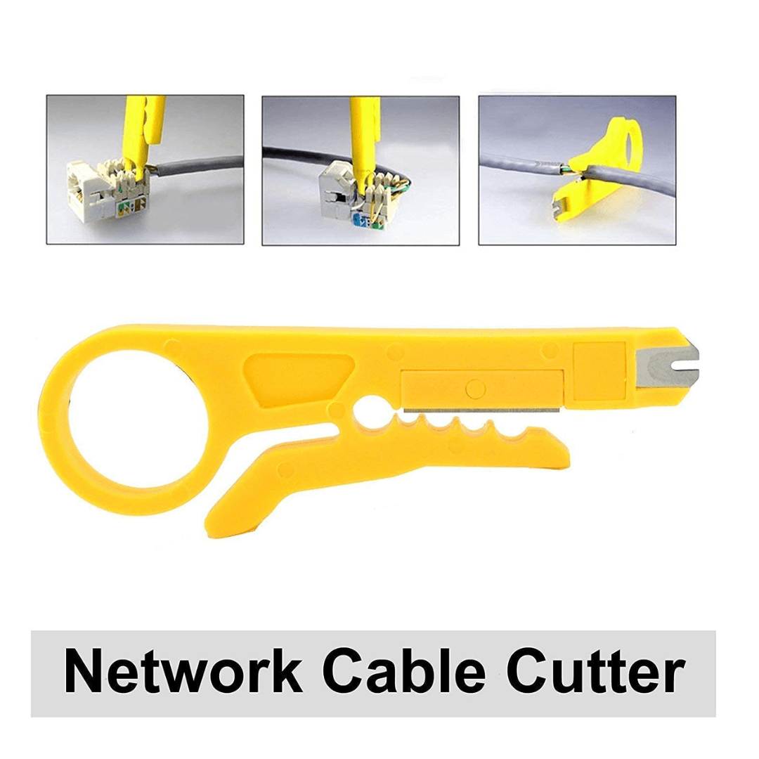 Set of 3 metal crimping tools for RJ45, RJ11, Cat5E, Cat6 wires; features LAN cable cutter, Ethernet crimper, and versatile connector tool.