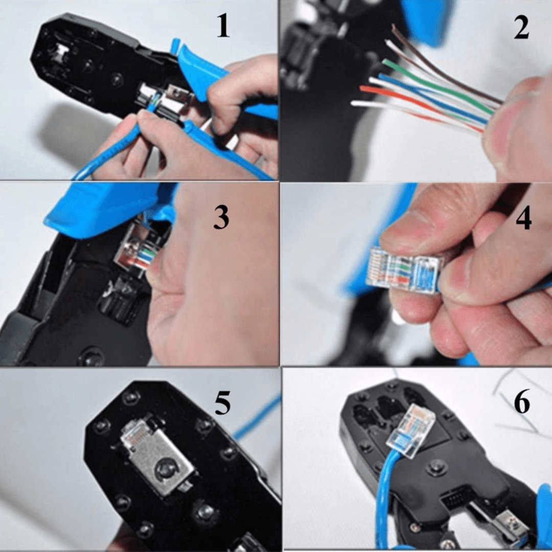 Set of 3 metal crimping tools for RJ45, RJ11, Cat5E, Cat6 wires; features LAN cable cutter, Ethernet crimper, and versatile connector tool.