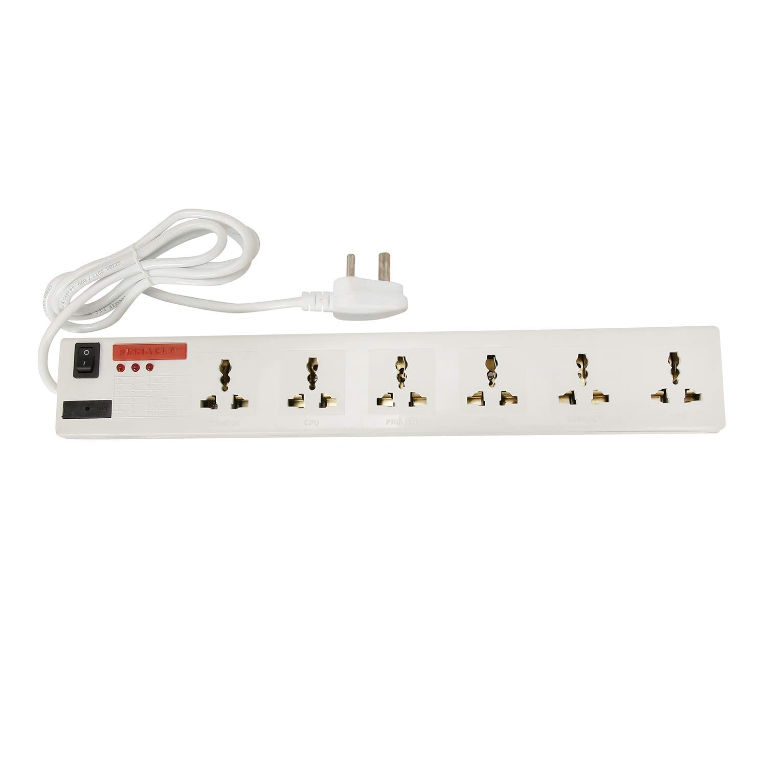 Generic branded 6-way white computer spike buster with 1.5 meter cable, featuring  6 sockets, 250V voltage and 3-pin plug.