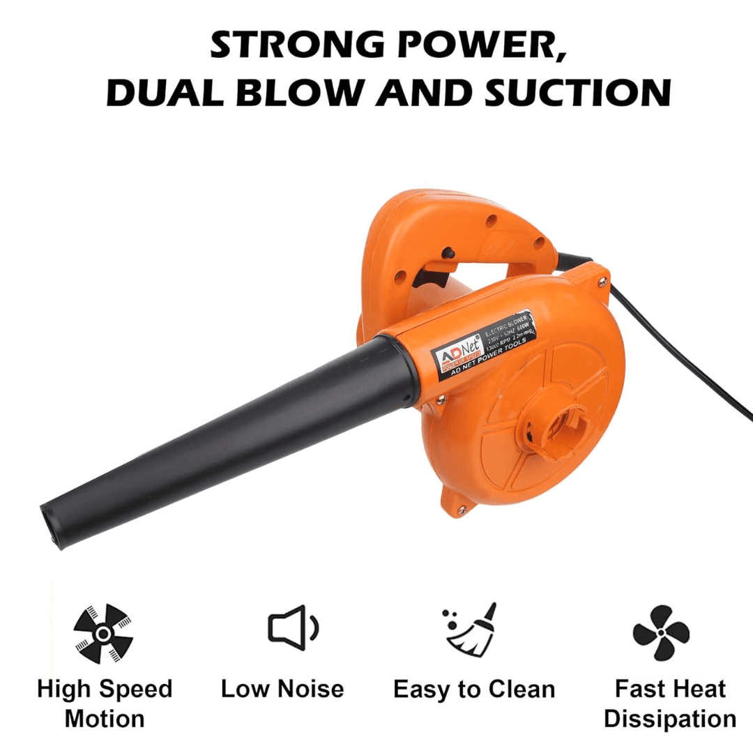 ADNet 600W electric air blower, a handheld, compact, and lightweight dust removal tool. This high-speed, 13000 RPM electric blower is made of durable plastic, ideal for home and office cleaning