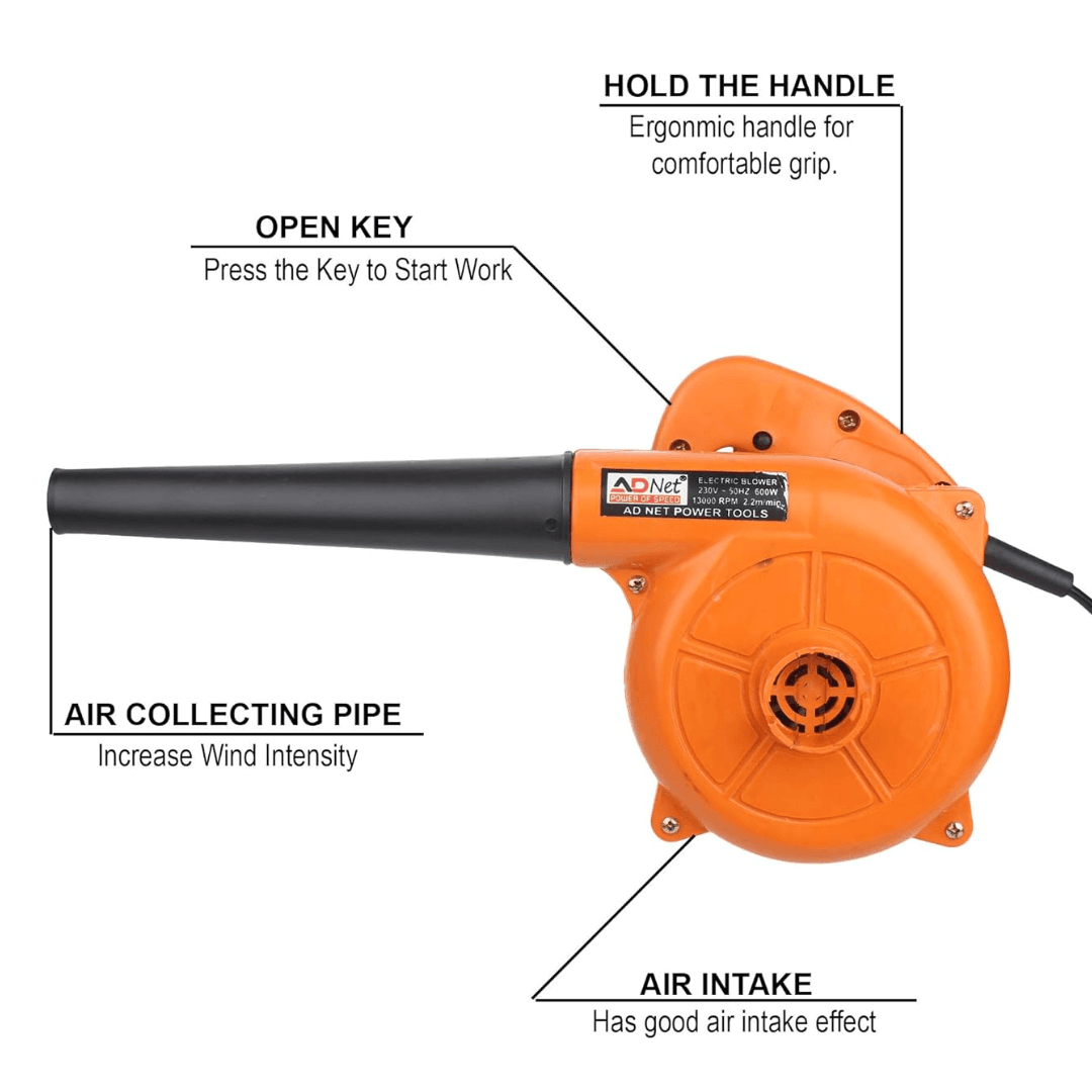 ADNet 600W electric air blower, a handheld, compact, and lightweight dust removal tool. This high-speed, 13000 RPM electric blower is made of durable plastic, ideal for home and office cleaning