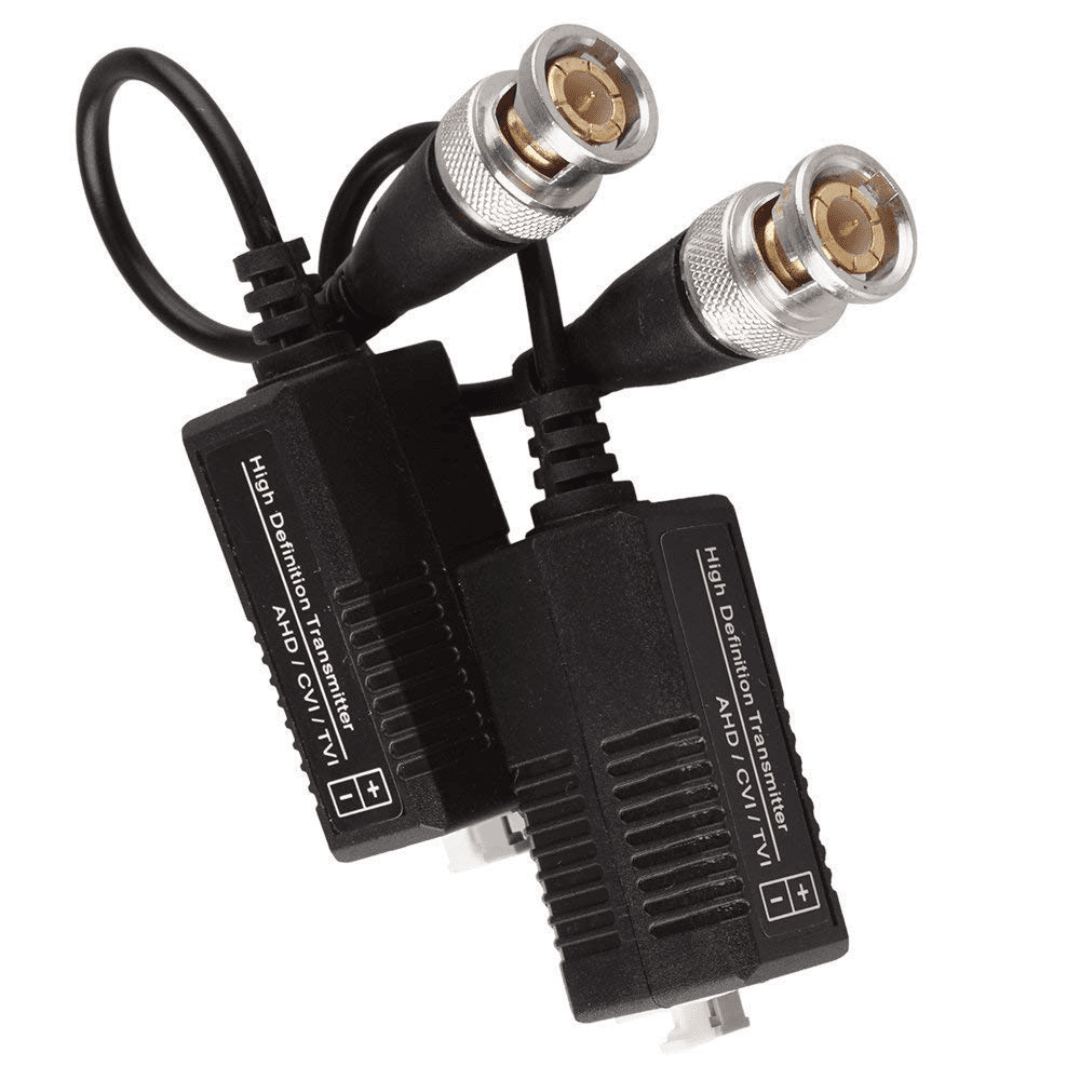 Compact, passive single-channel transceiver supporting 1080P, compatible with AHD, HDCVI and TVI cameras, encased in durable black plastic and metal.