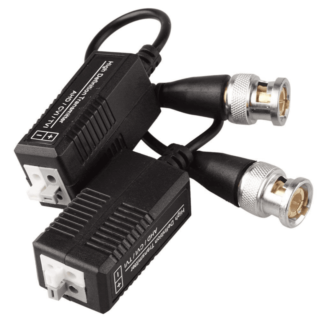 Compact, passive single-channel transceiver supporting 1080P, compatible with AHD, HDCVI and TVI cameras, encased in durable black plastic and metal.