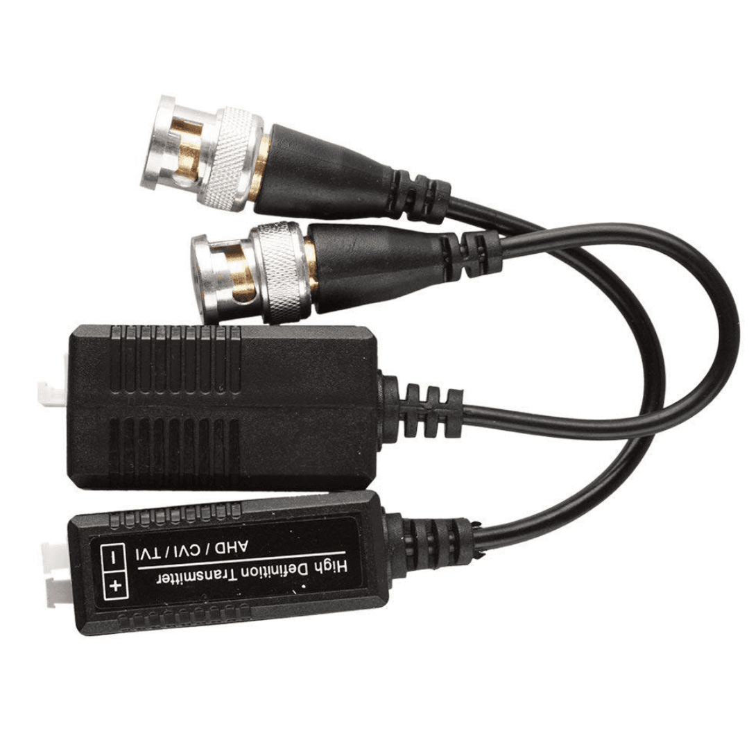 Compact, passive single-channel transceiver supporting 1080P, compatible with AHD, HDCVI and TVI cameras, encased in durable black plastic and metal.