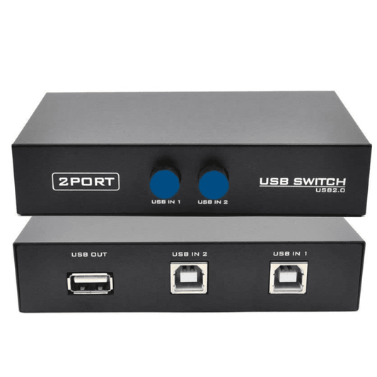 2-port printer sharing USB switch in black, supports USB connection for printers, scanners, projectors, and PCs