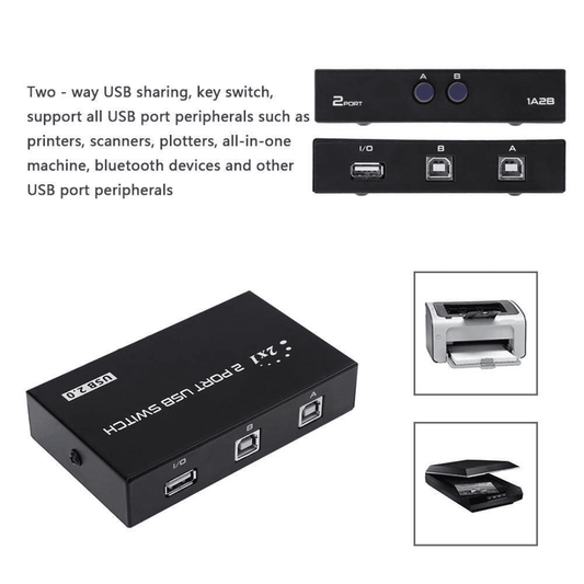 2-port printer sharing USB switch in black, supports USB connection for printers, scanners, projectors, and PCs