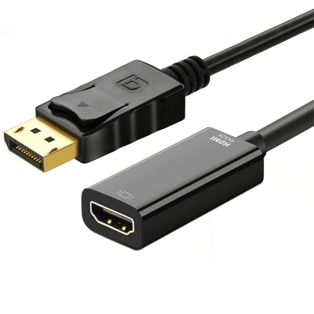 Black standard-sized Display Port to HDMI Converter Cable, a durable HDMI Connector made of plastic and metal, offers high-speed plug-and-play functionality for DisplayPort Devices and HDMI Monitors.