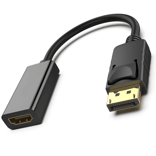 Black standard-sized Display Port to HDMI Converter Cable, a durable HDMI Connector made of plastic and metal, offers high-speed plug-and-play functionality for DisplayPort Devices and HDMI Monitors.