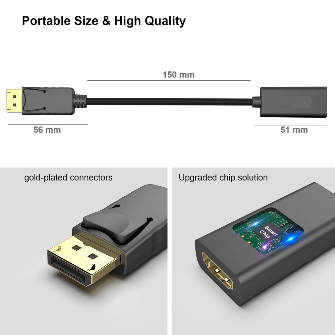 Black standard-sized Display Port to HDMI Converter Cable, a durable HDMI Connector made of plastic and metal, offers high-speed plug-and-play functionality for DisplayPort Devices and HDMI Monitors.