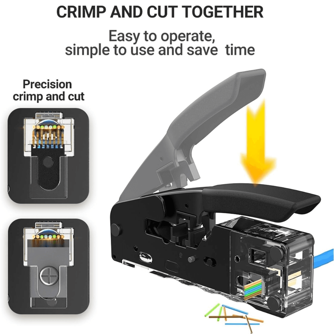 EZlink all-in-one network crimping tool made of plastic, suitable for RJ11, RJ12, RJ45, UTP, and STP cables, part of repairing tools set