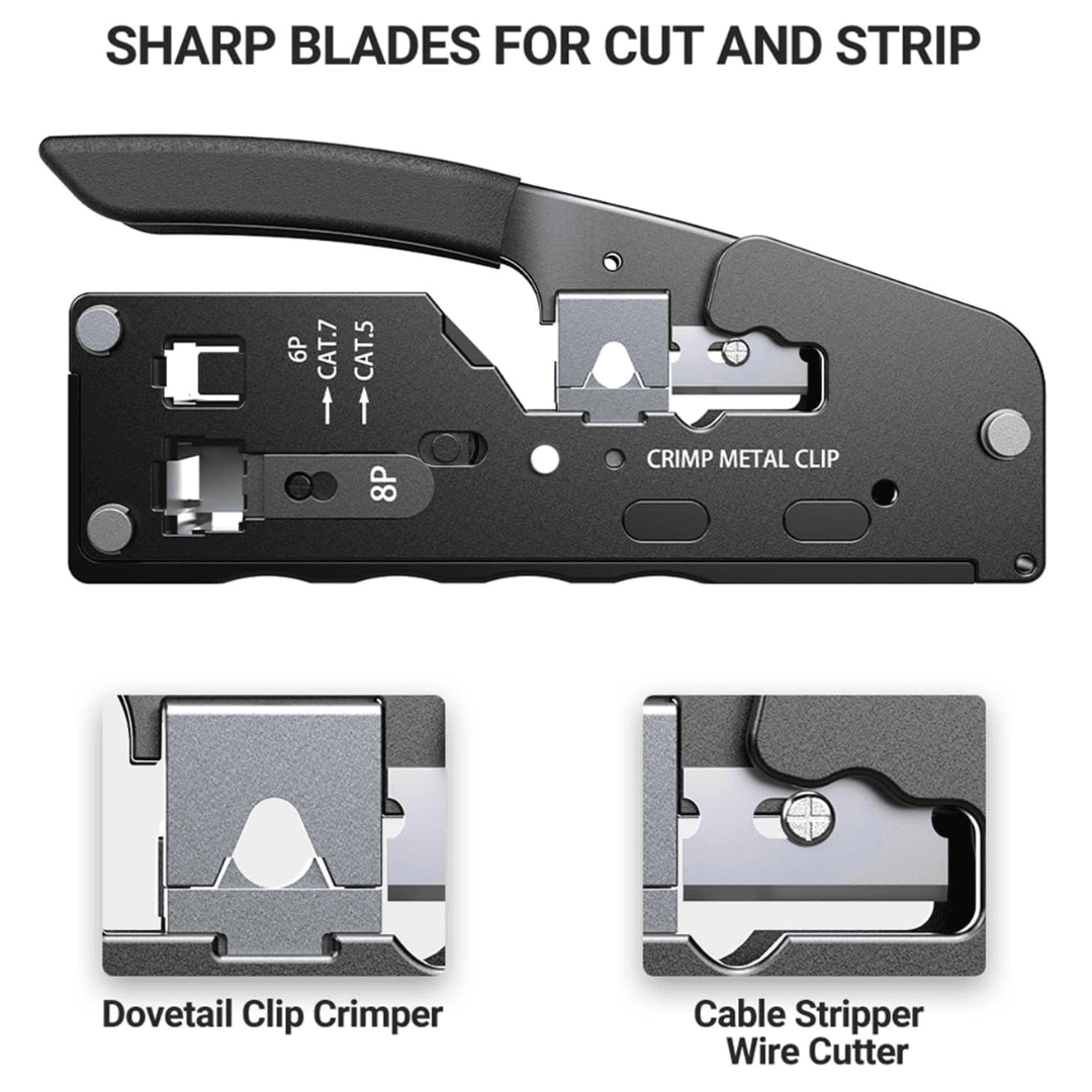 EZlink all-in-one network crimping tool made of plastic, suitable for RJ11, RJ12, RJ45, UTP, and STP cables, part of repairing tools set