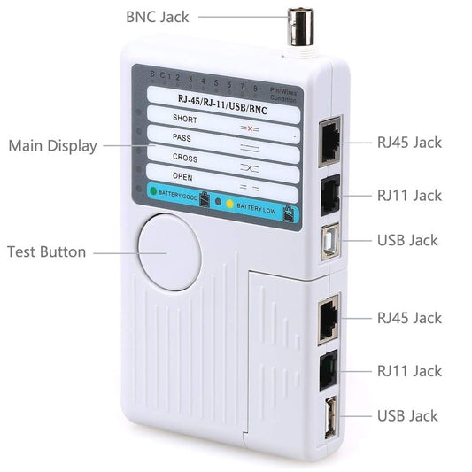 Ezlink NF-3468, multi-function 4 in 1 Cable Tester for RJ-45, RJ-11, USB, and BNC. Part of the repairing tools collection.