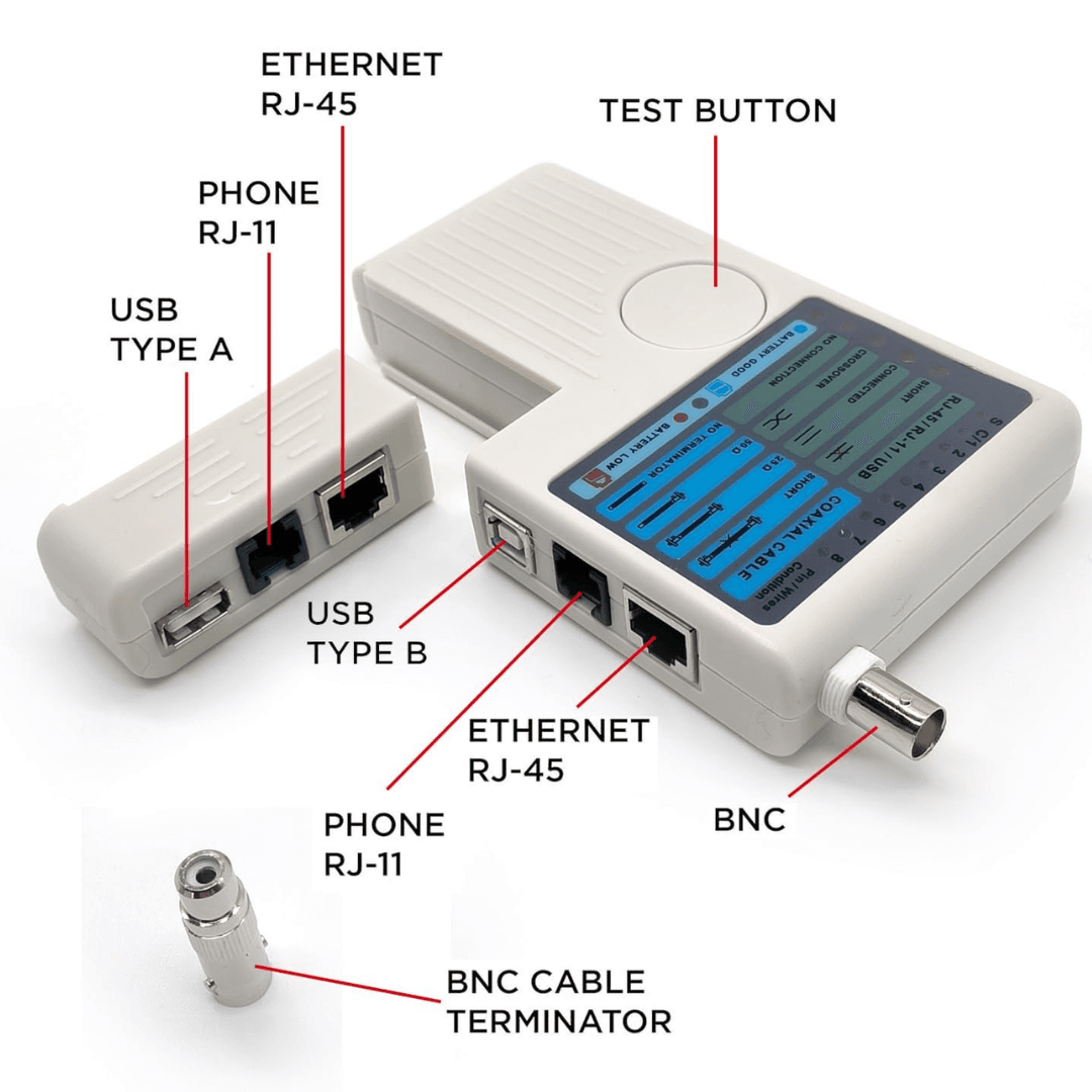 Ezlink NF-3468, multi-function 4 in 1 Cable Tester for RJ-45, RJ-11, USB, and BNC. Part of the repairing tools collection.