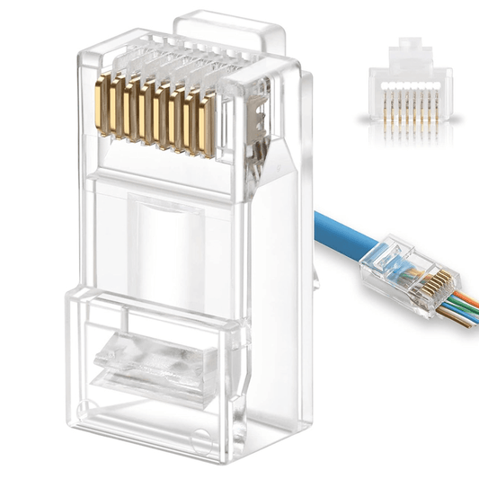 A pack of 100 high-quality EzLink RJ45, Cat6, Cat5 Ethernet pass-through plugs; essential tools for Ethernet cable repair.