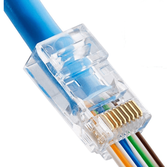 A pack of 100 high-quality EzLink RJ45, Cat6, Cat5 Ethernet pass-through plugs; essential tools for Ethernet cable repair.