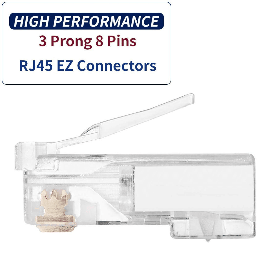 A pack of 100 high-quality EzLink RJ45, Cat6, Cat5 Ethernet pass-through plugs; essential tools for Ethernet cable repair.