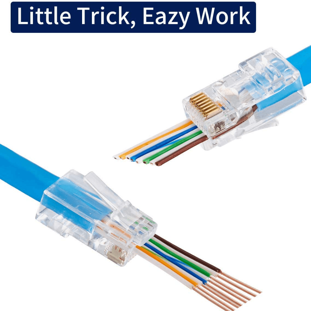 A pack of 100 high-quality EzLink RJ45, Cat6, Cat5 Ethernet pass-through plugs; essential tools for Ethernet cable repair.