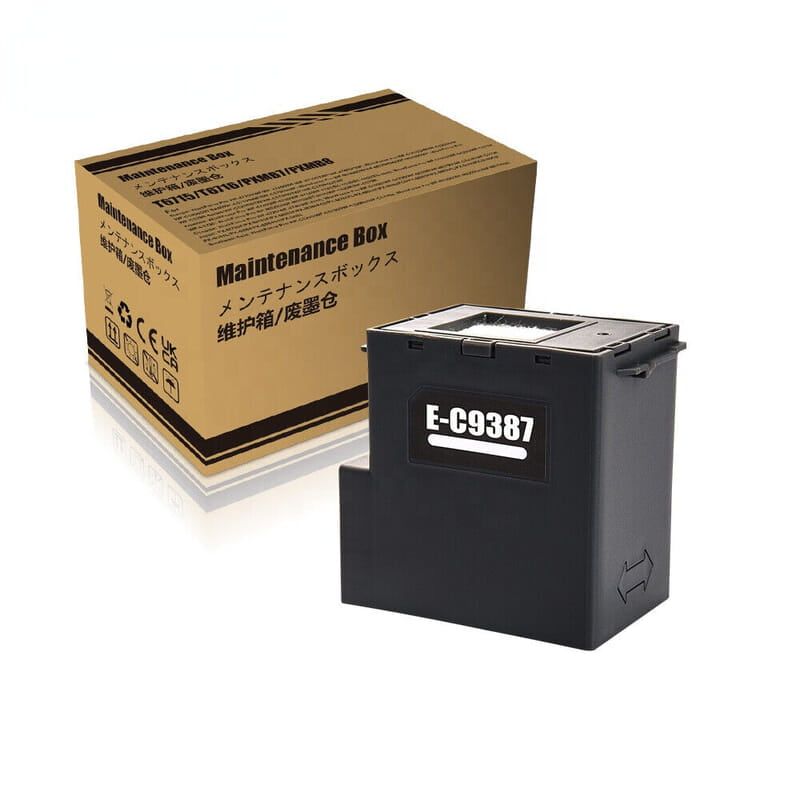 Epson E-C9387 Ink Maintenance Box, a plastic waste collection unit for Epson M1050, M1058, and M2050 series printers, made in China.