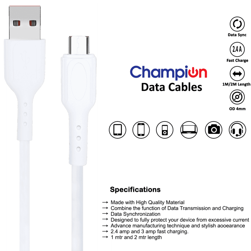 White Type-C Data and Fast Charging Cable from Mobile Cables collection, 1.25m length, wired, 20g weight, suitable for Android