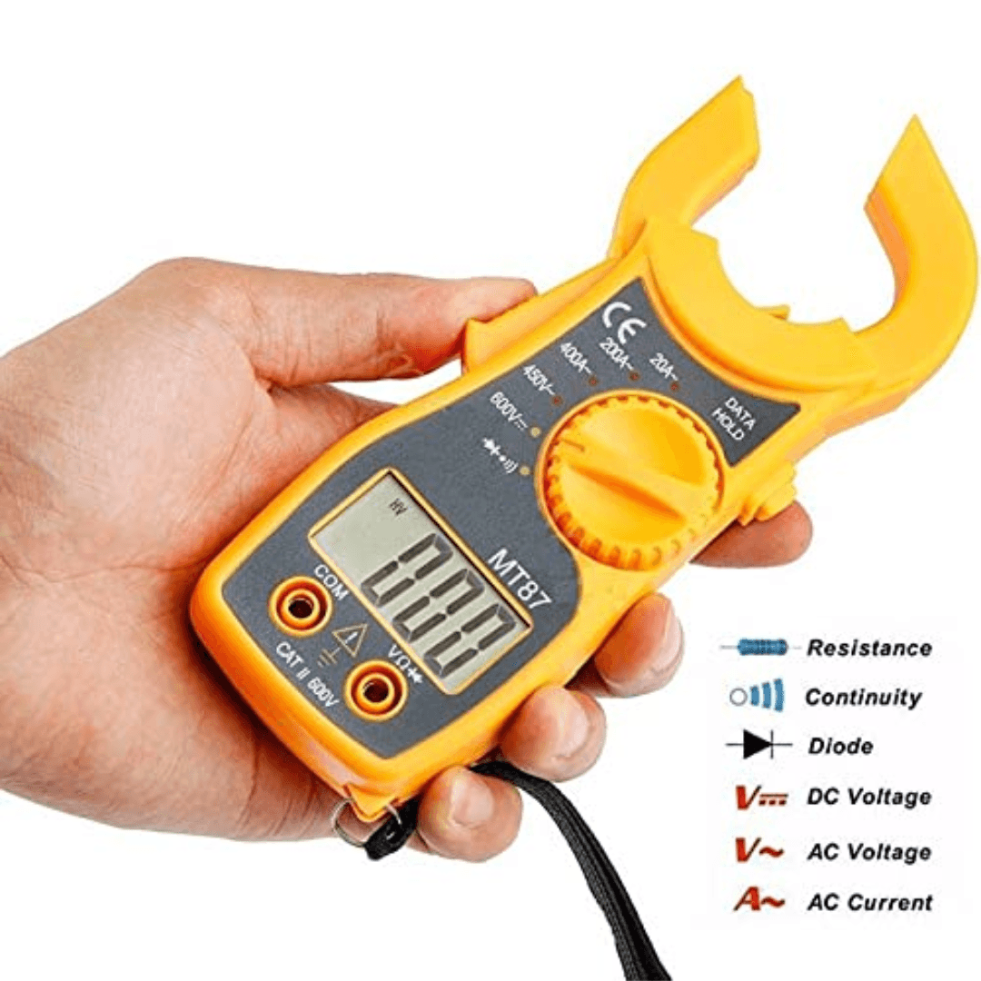 MT87 LCD Digital Clamp Meter, a plastic tool for voltage and current resistance testing, part of the repairing tools collection.