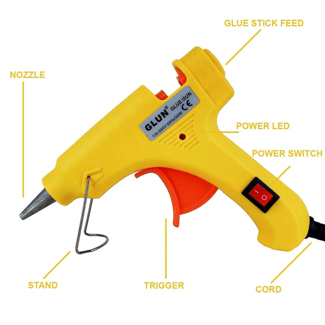 20 watt 7mm hot melt glue gun, a mobile repair tool with LED indicator and ON-OFF switch, designed for DIY crafts, home repair and hobby use