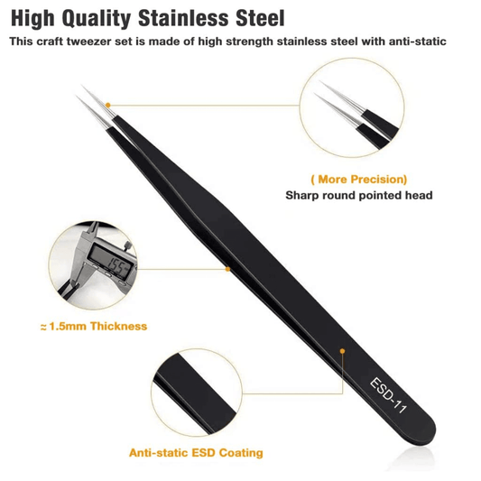 Durable black Baku ESD-11 stainless steel tweezer, one-piece repairing tool with fine tip for electronics repair and professional use