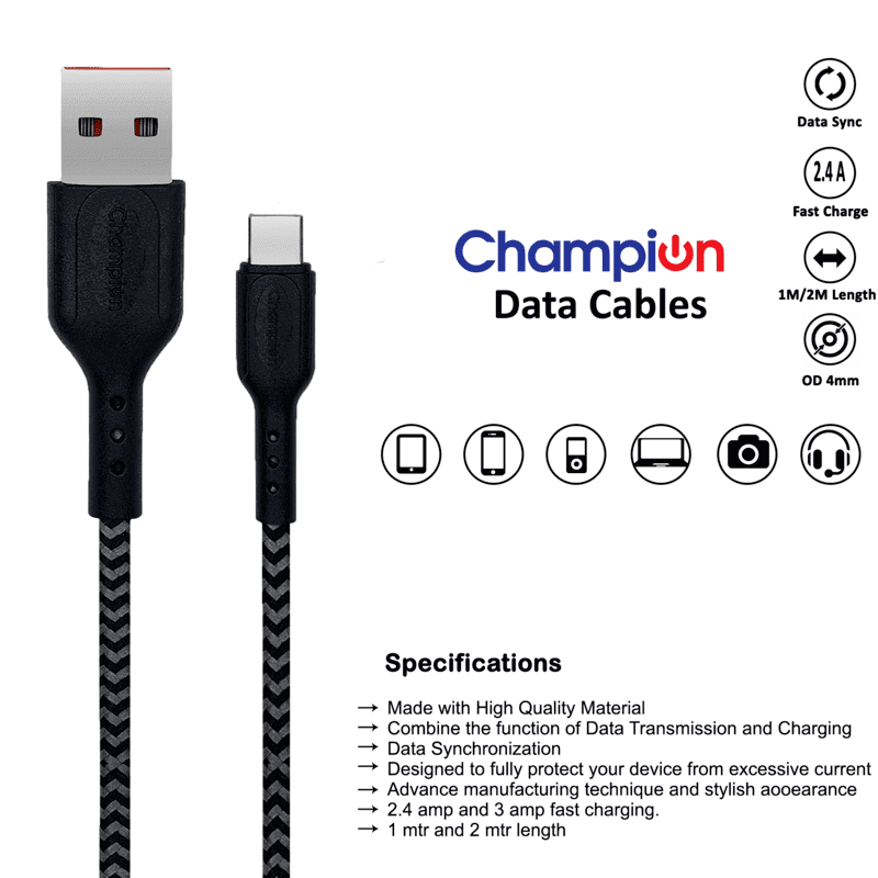 Black Braided Type-C Data Cable from Mobile cables collection, a wired strong USB-C Cable measuring 1.25m long designed for Type-C Phone charging purpose