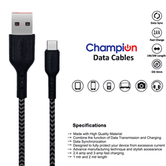 Black Braided Strength - Wired, Strong Type-C Data and Charging Cable, 1.25m