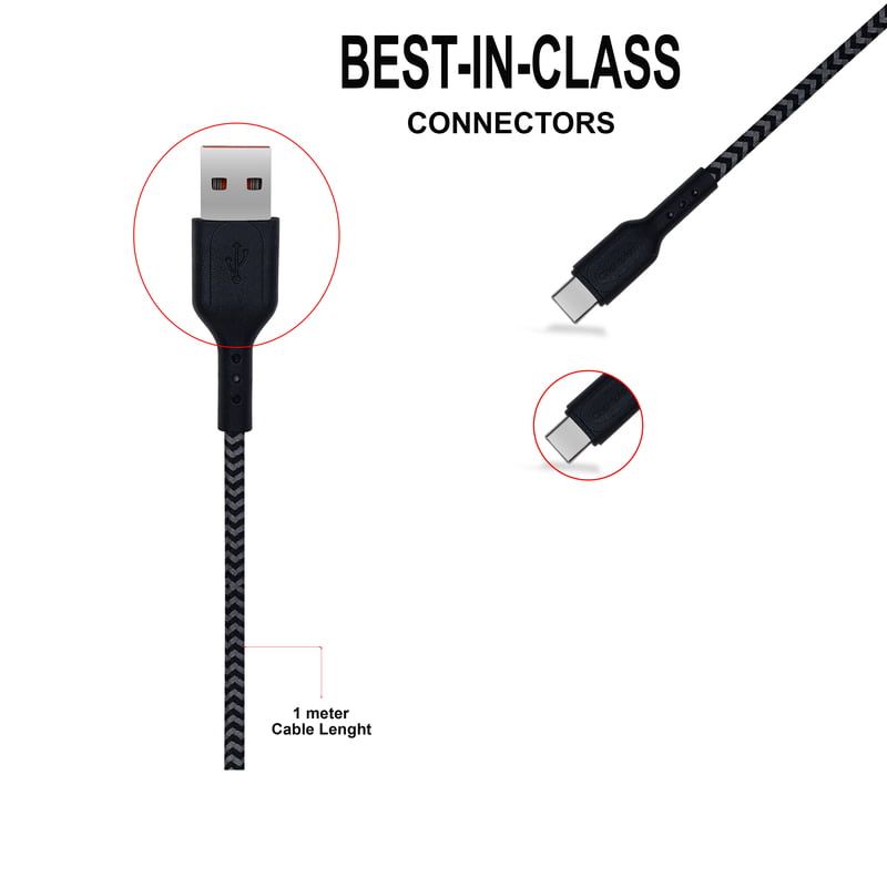 Black Braided Type-C Data Cable from Mobile cables collection, a wired strong USB-C Cable measuring 1.25m long designed for Type-C Phone charging purpose